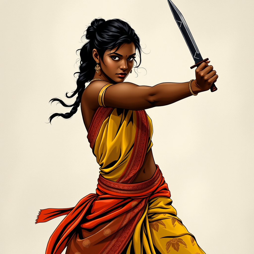 Main art studio: Outline of a young black indian woman in traditional colored patterned sari, but practical to fight. Hair loosely tied back. One dagger in one hand, r