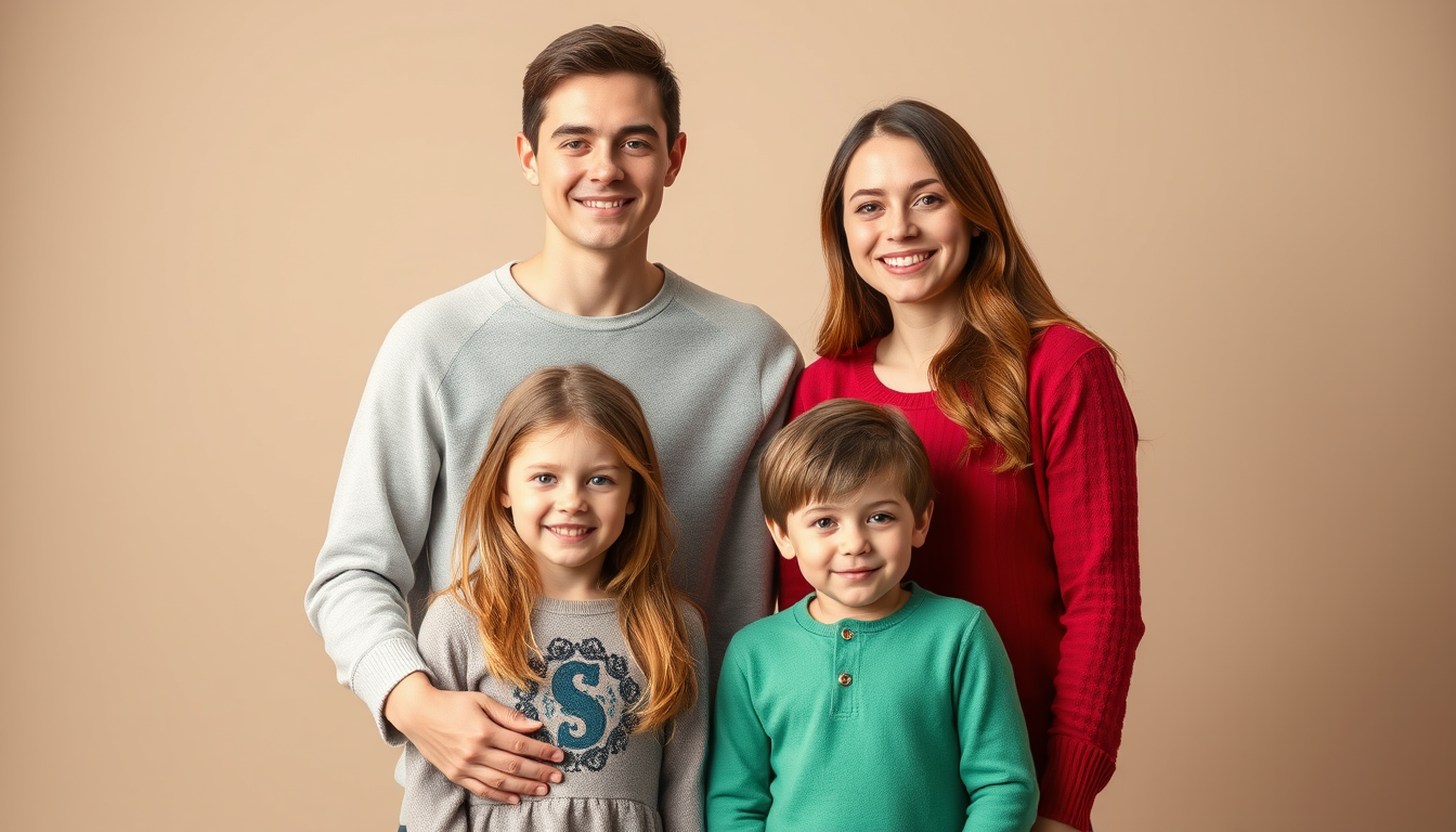 Main art studio: Create a realistic full-body family portrait using the two uploaded photos as references. Show the same young woman and young man standing together wi