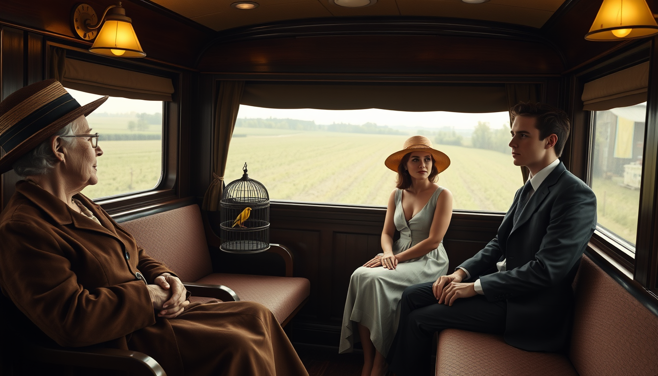Realistic Images idea: photorealistic generated image, natural materials and skin texture, physically plausible lighting, Realistic1920sphotoof3peopleinacosyluxurytraincompa