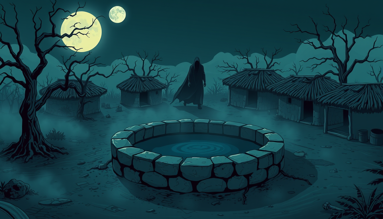 Main art studio: terrifying 2D cartoon horror scene in an old Indian village at midnight. An ancient circular stone well in the center of a deserted village, strange b
