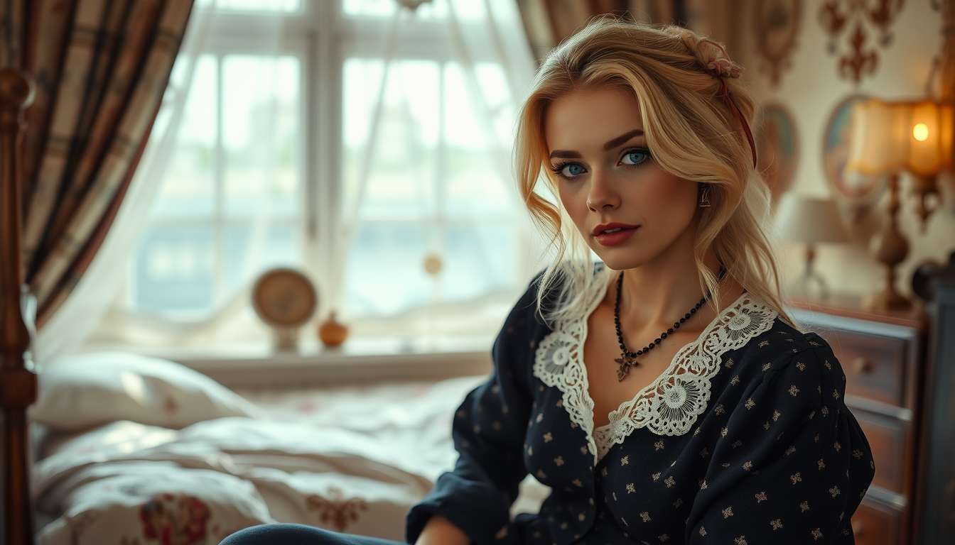 Main art studio: Une femme de l'époque blonde très claire et sa peau de la mm couleur que ses cheveux yeux bleus un duvet rose . une femme rêveuse , naïve et spontané