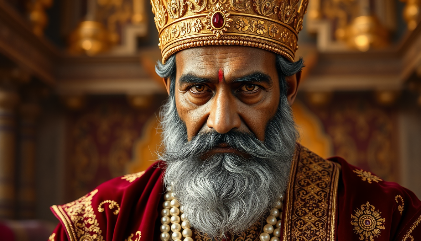Main art studio: A 58-year-old Indian king, thick black and grey beard, long royal moustache, sharp brown eyes, golden crown, maroon velvet royal sherwani with intrica