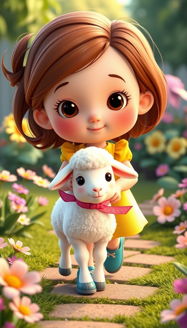 Main art studio: Cute little girl with brown hair, wearing a yellow dress and blue shoes, with a fluffy white lamb with a pink ribbon around its neck and 4 legs, The g