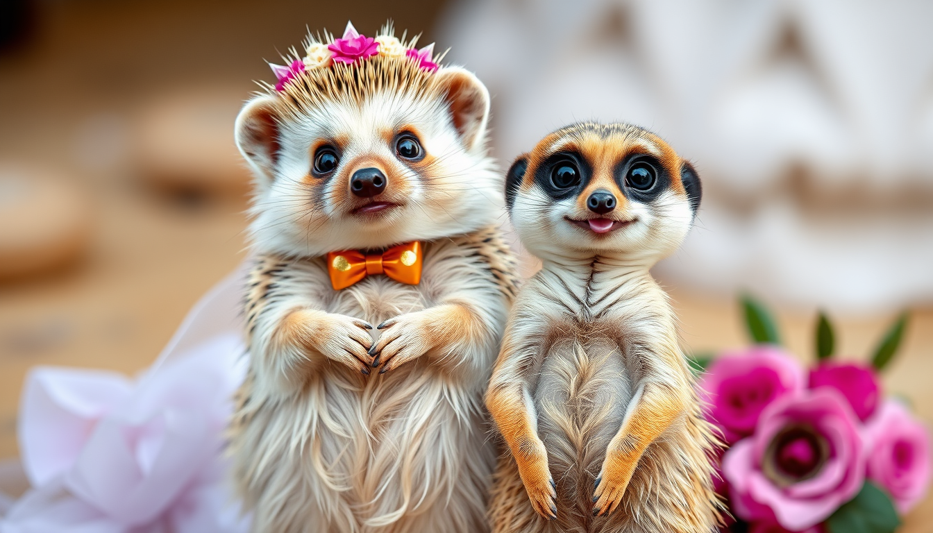 Main art studio: A wedding picture featuring a male hedgehog and a female meerkat. full view, standing, smile