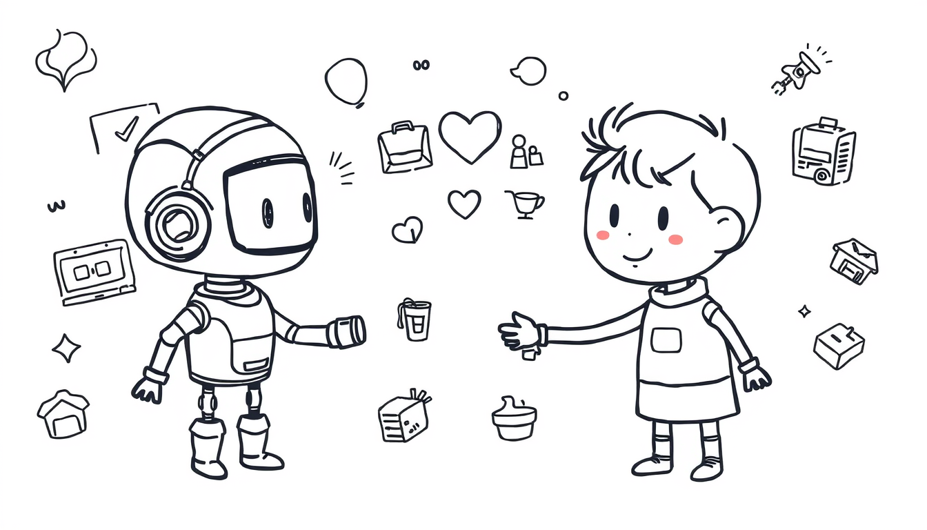 Doodle idea created from the prompt: casual hand-drawn line art built from simple icons, repeated marks, and playful spacing, deliberate composition, doodle of AI and human rela