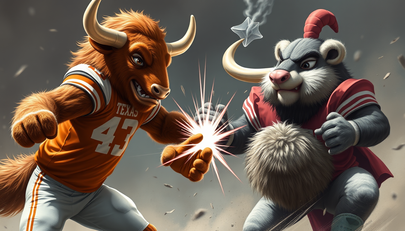 Main art studio: In the style of fantasy art, create an image of the Texas Longhorns mascot defeating the Ohio State Mascot. Ensure both mascot's faces are visible, an