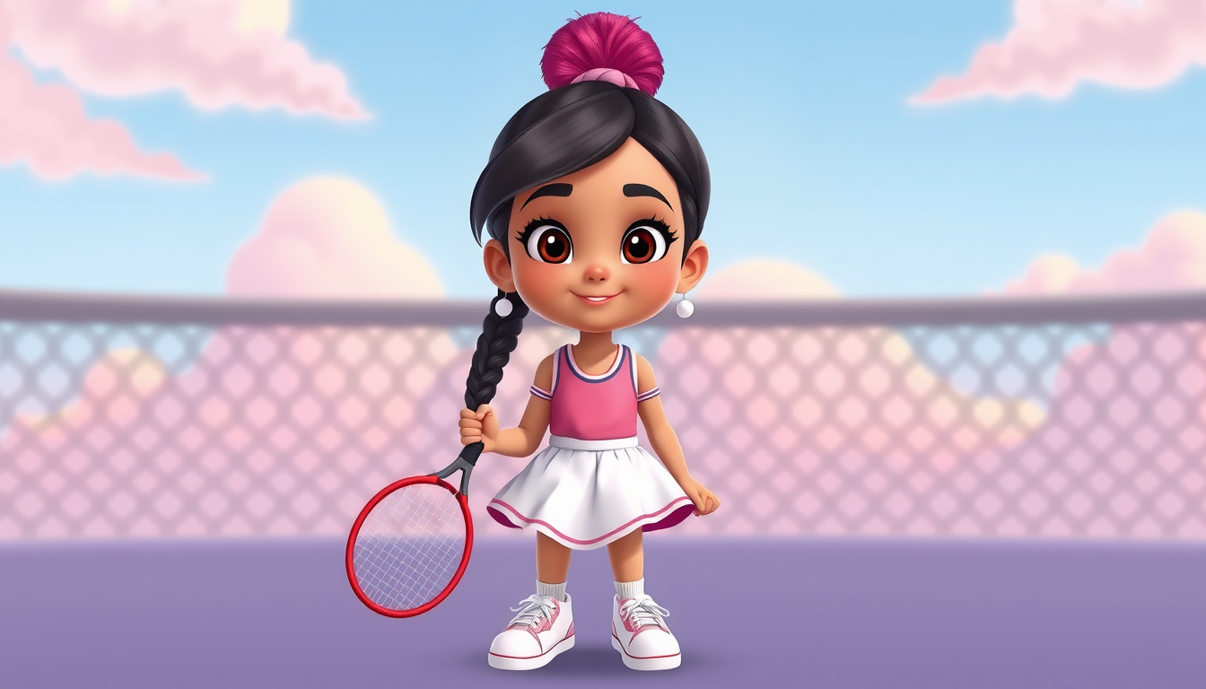 Main art studio: necesito una imagen animada de una niña con playera rosada, licra no tan corta negra, trenza francesa como peinado, tennis blancos y calcetas blancas,
