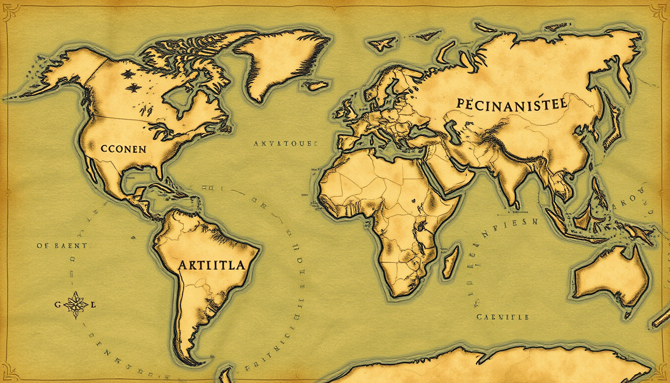 Fantasy Maps idea: fantasy world map, hand-drawn cartography, aged parchment, mountains forests and coastlines, Un continent fictif avec des péninsule , detailed RPG reg