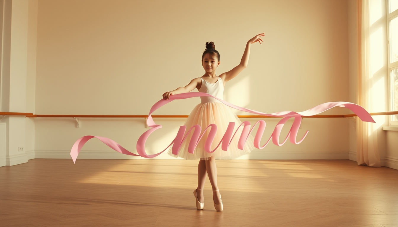 Main art studio: Create a cinematic video of a young ballet dancer in a softly lit studio, wearing a pale-pink ballet dress and pointe shoes. She performs graceful mov