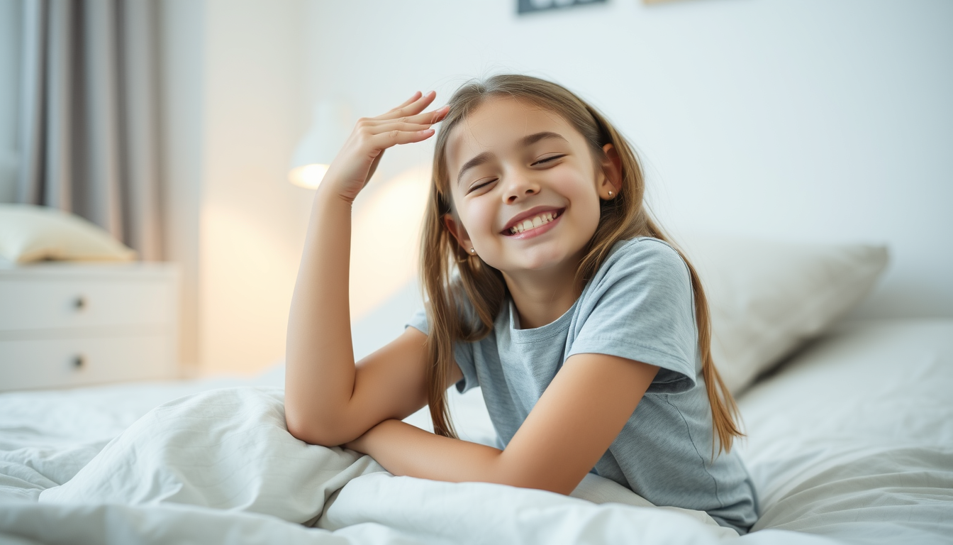 Main art studio: A beautiful girl smiling so brightly setting in her room on her bed with a right her doing a pose while she is closing her eyes