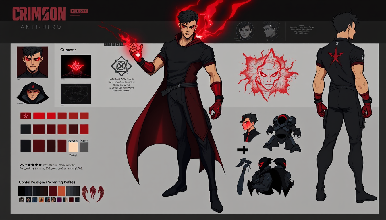 Character Sheet idea created from the prompt: a visual character reference sheet with a dominant full-body view, controlled details, palette swatches, and supporting expressions or acces