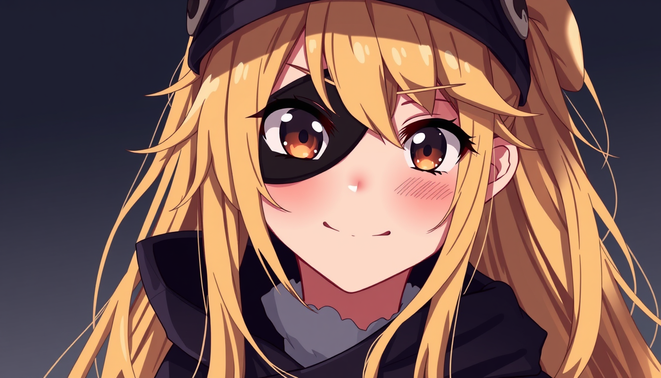 Anime idea: anime style, vibrant colors, expressive eyes, Semi-realistic anime illustration of Azaliah, with long, dirty-blonde hair and a black eyepatch over her