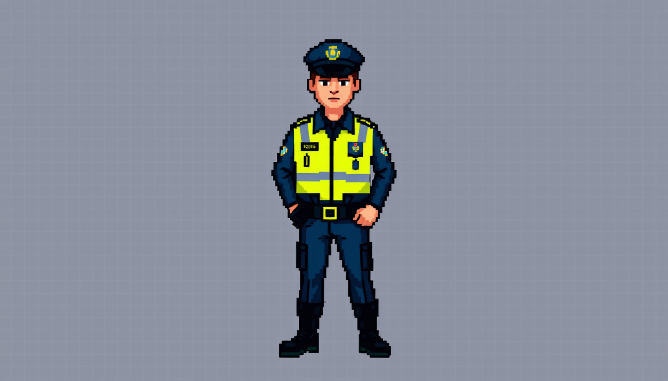 Sprite idea created from the prompt: pixel art game sprite, clean pixel grid, retro 16-bit palette, Pixel art 16-bit, full-body Dominican DIGESETT traffic agent, head-to-toe vis