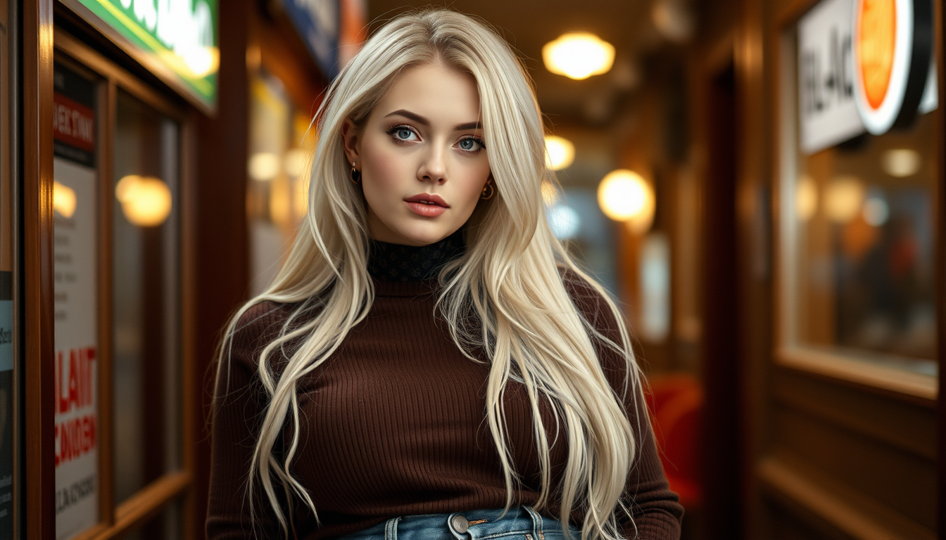 Main art studio: 165cm 60kg A 29-year-old woman with long white hair, white skin, and white pupils. She is wearing a black choker and has a curvy figure in a brown tur