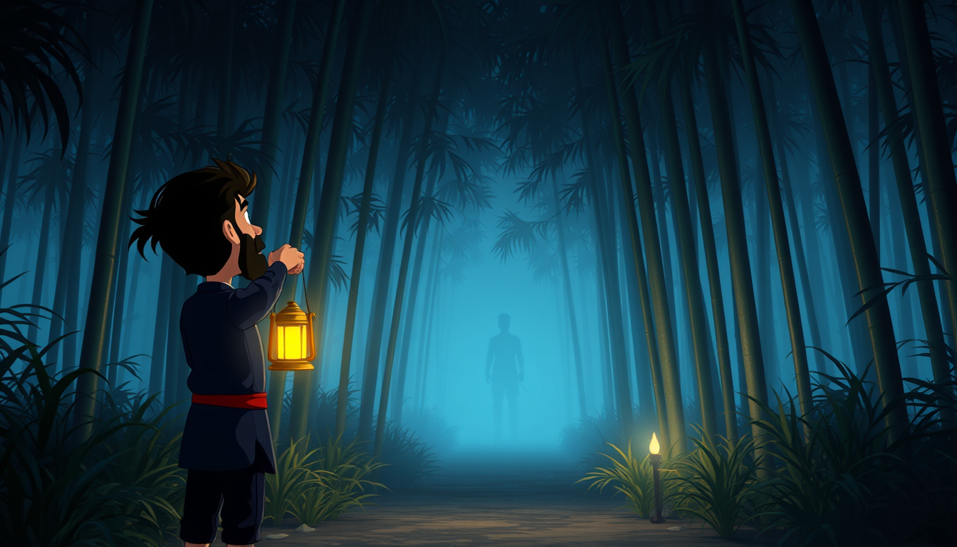 Main art studio: Same Rashed character mature 29 years old , same black hair, beard and dark navy outfit. Semi-realistic 3D cartoon Bengali horror. Rashed stands on a