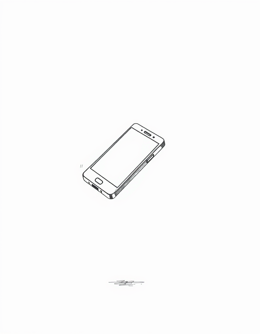 Main art studio: Minimalist black and white pencil sketch of a single smartphone falling through the air, slightly tilted as if it has just slipped from someone's hand