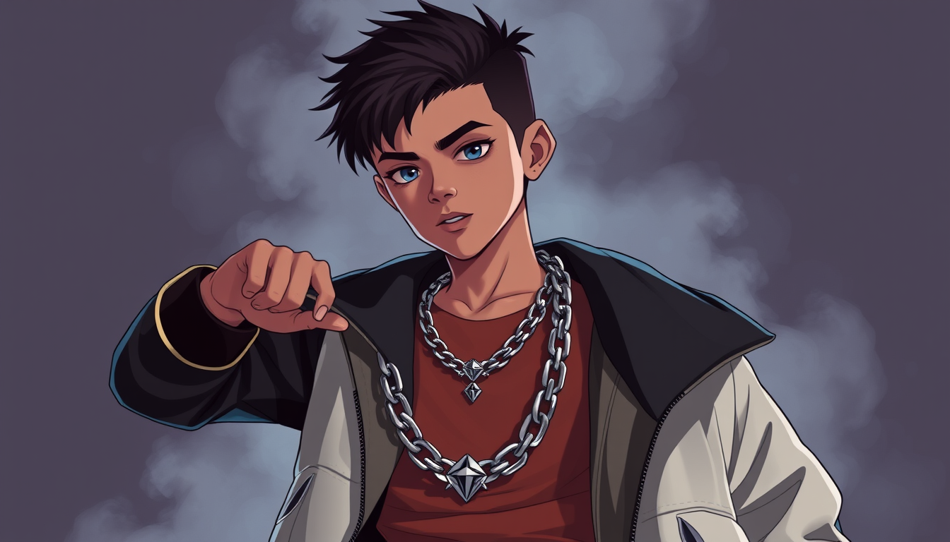 Characters idea: an original character defined by silhouette, role, outfit, palette, and expression, deliberate composition, Just a young boy with a diamond chain that