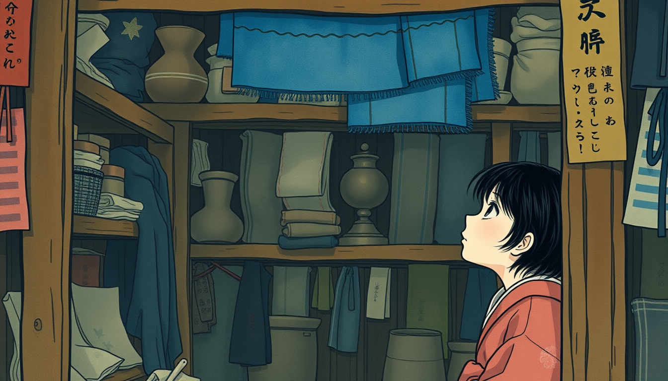 Main art studio: Little Japanese girl inside the old ramshackle shop looking up at the blue fabric way up high on a dusty shelf, barely visible, among a lot of other f
