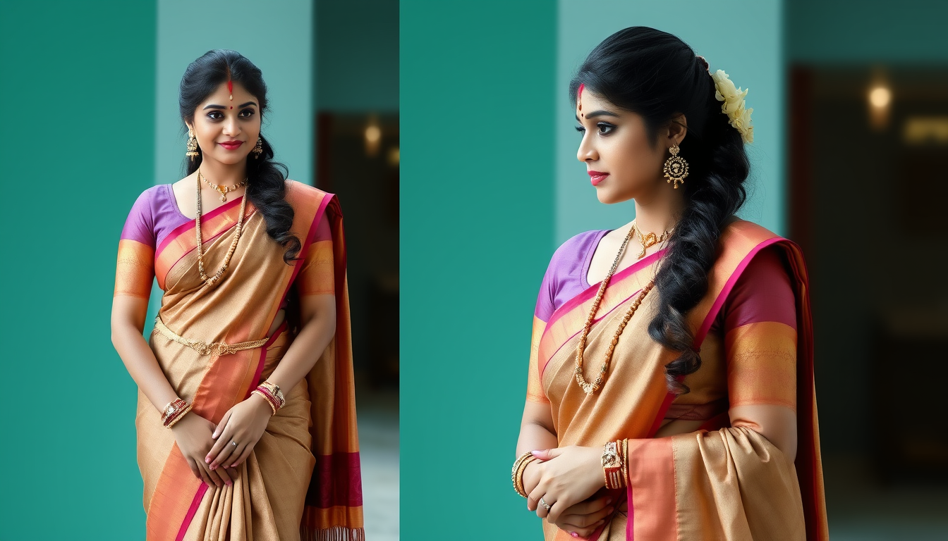 Main art studio: Nayanthara wearing a saree blouse and skirt only. It's a short skirt extending to butt height also blouse has exaggerated v neck line. Also decorated