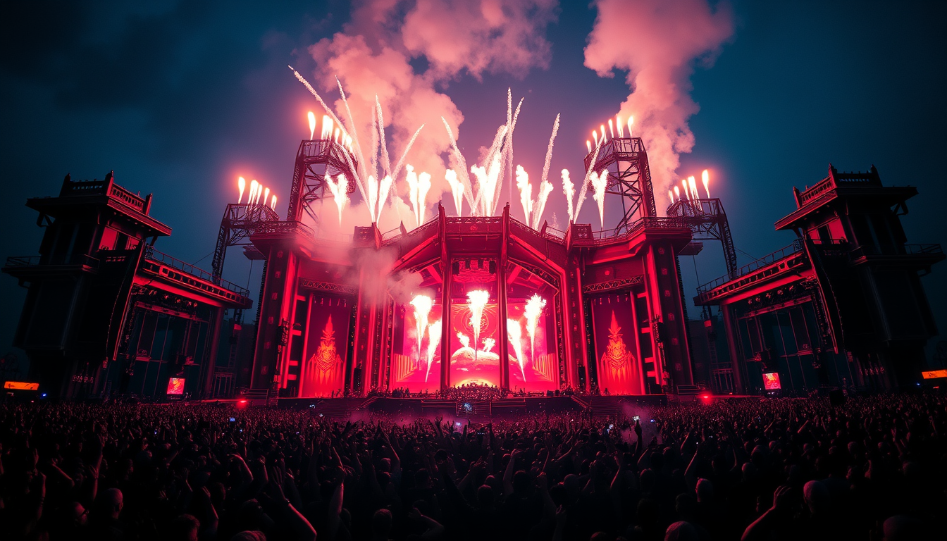 Main art studio: Create an epic hardstyle festival mainstage at night, inspired by the atmosphere of the world's biggest hard dance festivals. A gigantic monumental st