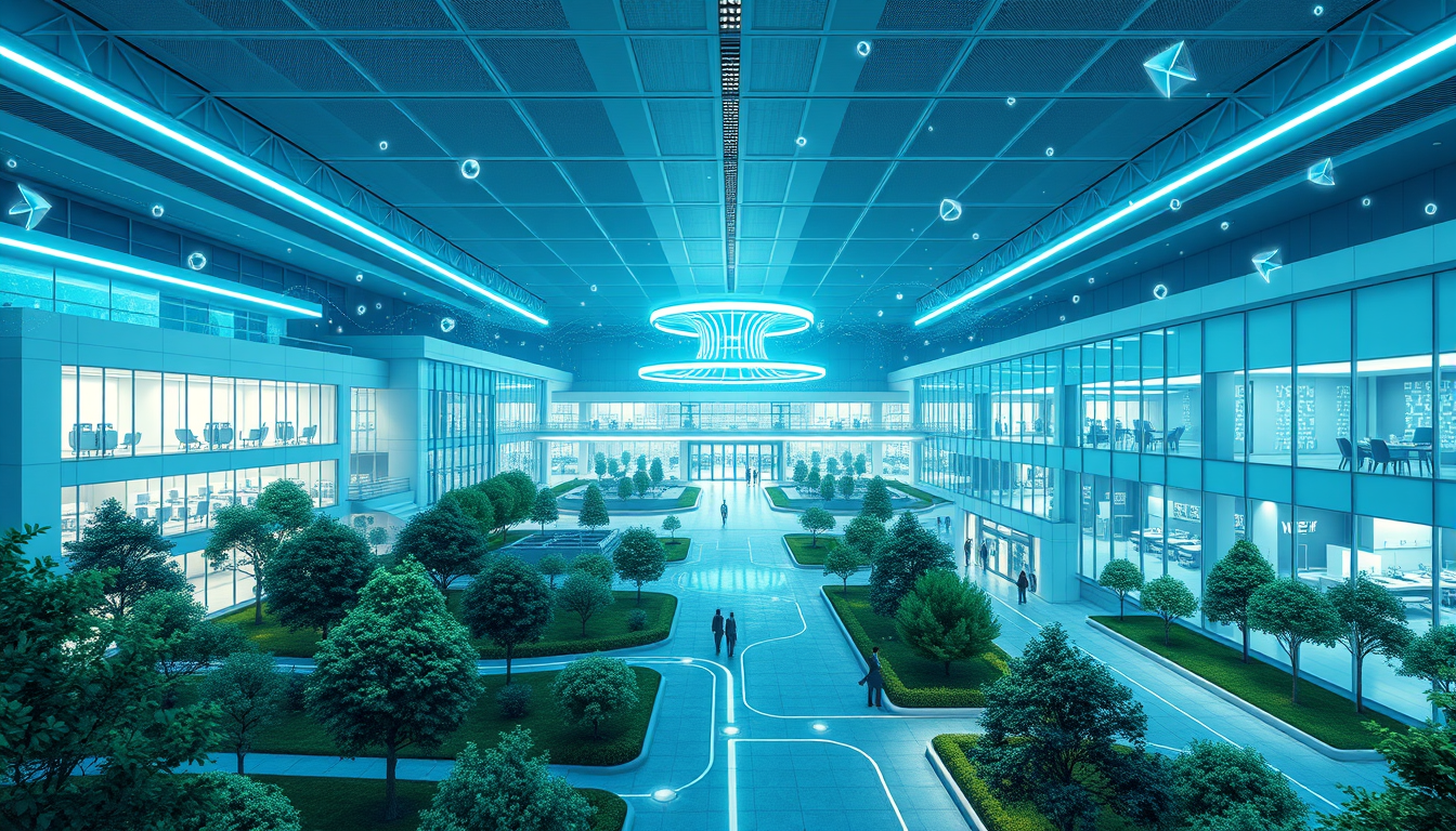 Main art studio: remium corporate key visual of a world-leading radiopharmaceutical research hub in Fukushima. A futuristic Collaboration Zone where researchers, clini