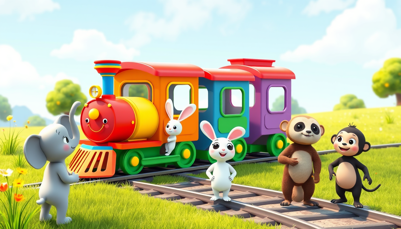 Main art studio: A magical colorful children's train arriving in the sunny meadow. The train has a red, orange, yellow, green, blue and purple carriage, with a cute sm