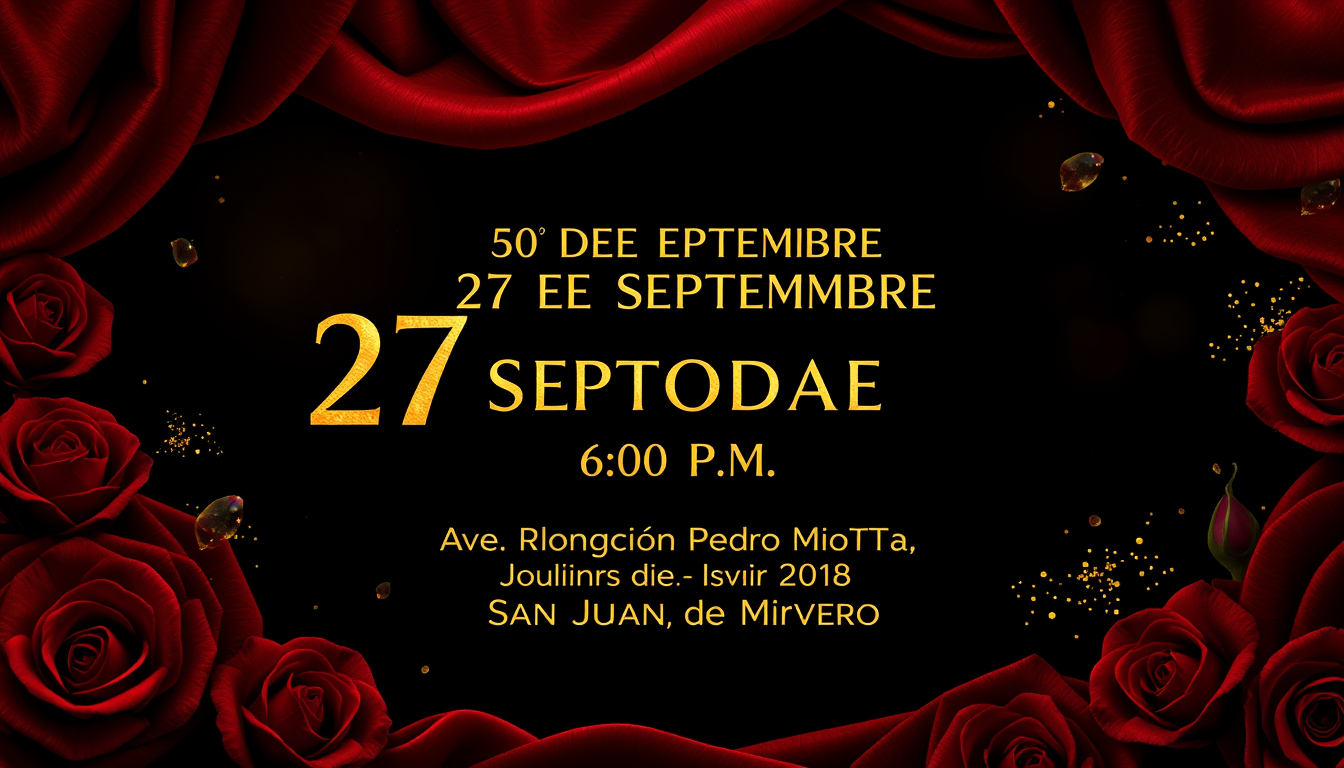 Main art studio: Luxury cinematic 50th birthday invitation, vertical 9:16. Deep black background, burgundy velvet, elegant burgundy roses, champagne-gold particles and