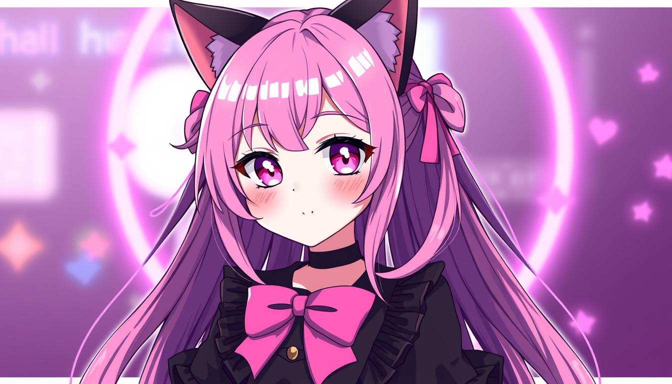VTuber idea: vtuber avatar character, anime style, expressive face, streaming-ready design, pink-haired cat girl glowing eyes a black dress 2 pink bows and look li
