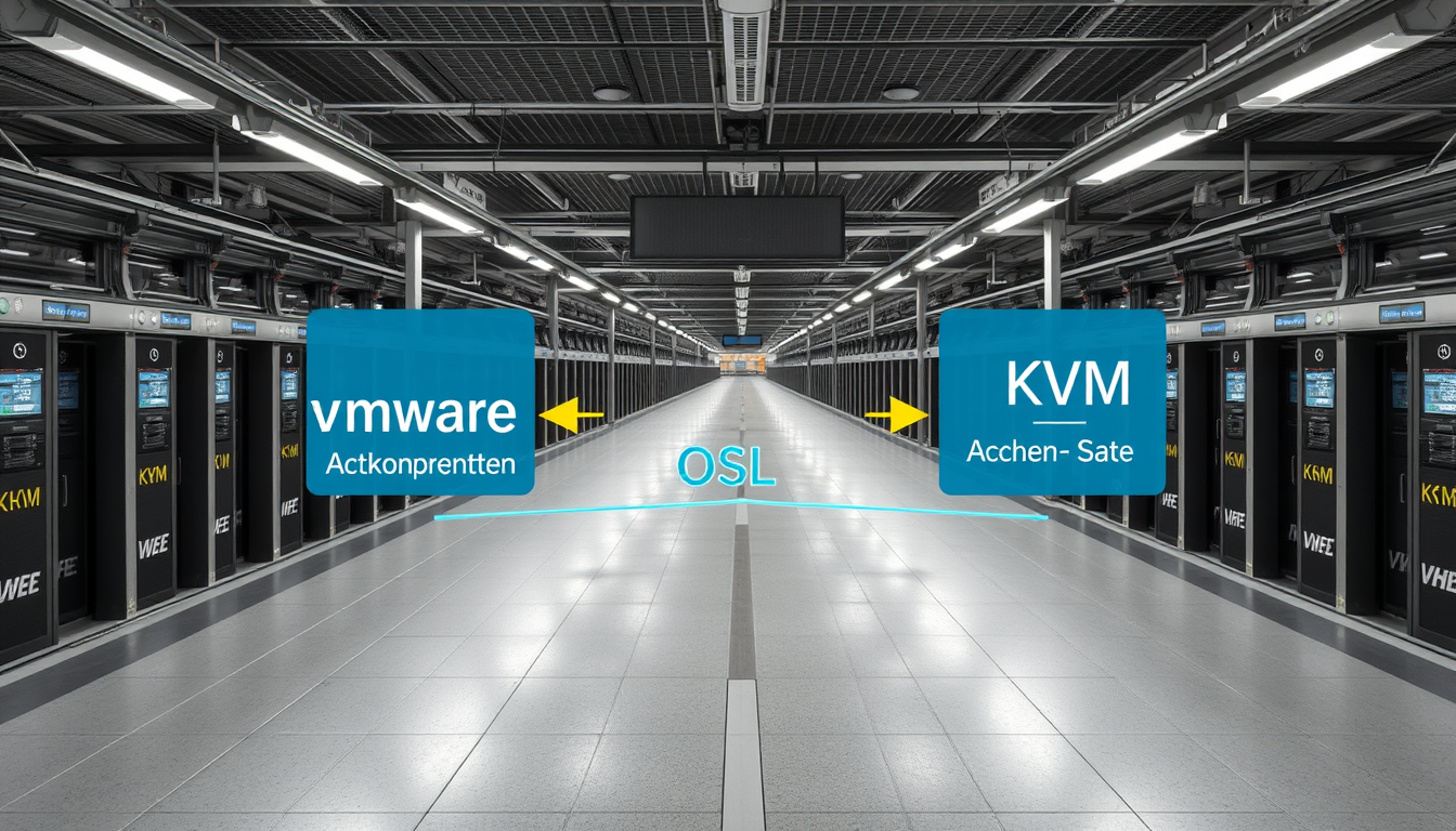 Main art studio: Bitte ein Bild, das die Migration von VMware nach KVM im Rechenzentrum symbolisiert, z. B. über einen Gang im RZ. vmware als Ausgangspunkt und KVM als