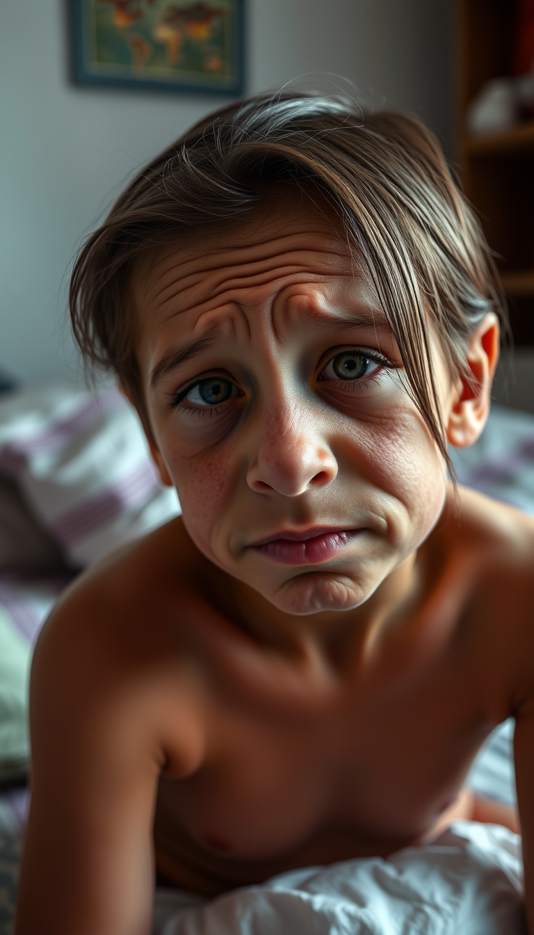 Main art studio: dark tanned 10 year old with girl dark brown hair sitting in a bedroom, head tilted down, very wrinkly, lots of wrinkles, wrinkled nose, wrinkles all 