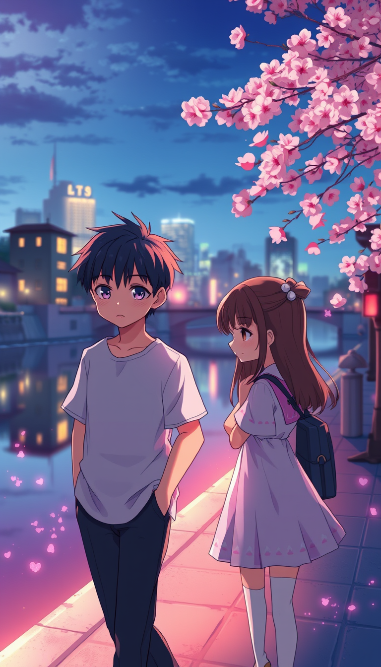 Anime idea: anime style, vibrant colors, expressive eyes, Cinematic Japanese anime. The same boy and girl walk beside a quiet river at night under glowing city li