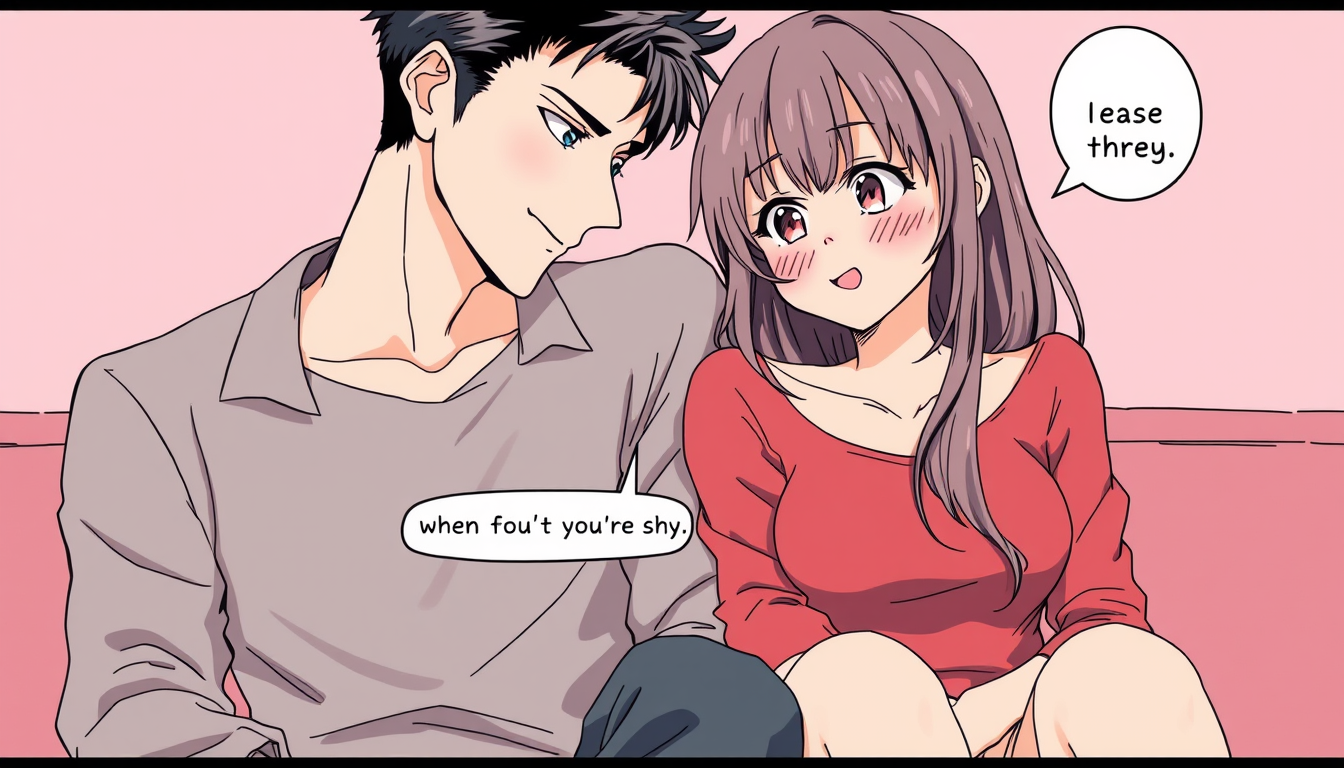 Anime idea: anime style, vibrant colors, expressive eyes, Two clearly adult lovers sitting very close, shy blushing woman, teasing man leaning toward her, intimat