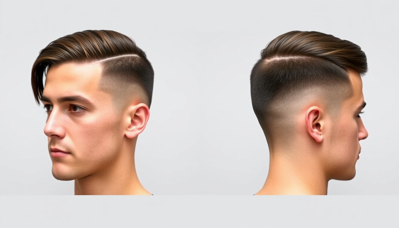 Main art studio: Men’s hairstyle with an EXACT, PERFECTLY CENTERED MIDDLE PART. The parting line must run straight from the exact center of the front hairline, across 