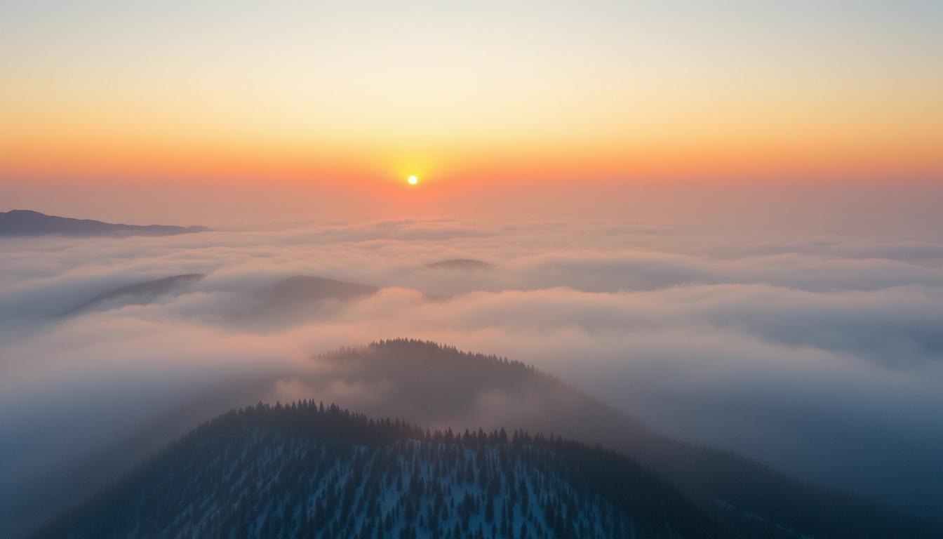 Main art studio: drone shot over a foggy mountain range at sunrise, slow push-in