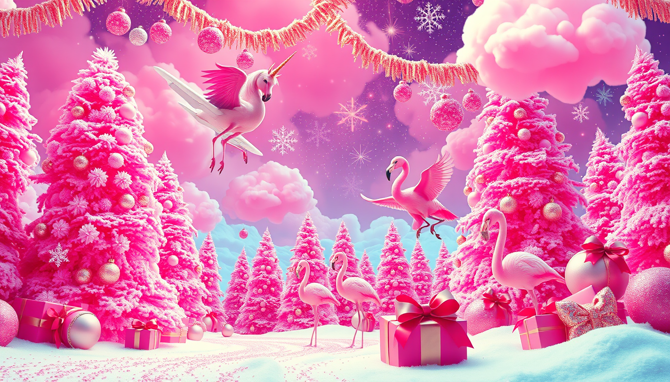 Main art studio: An outrageously tacky, disgustingly over-the-top Christmas wonderland in an aggressively pink color palette. EVERYTHING is pink, glittery, sparkly, sh