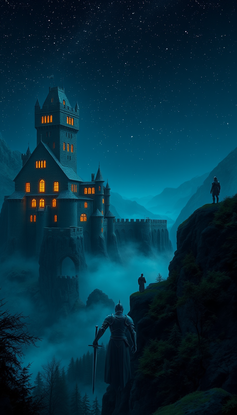 Main art studio: An enormous ancient medieval castle stands on a mountain cliff during a dark starry night. Hundreds of warm glowing windows shine through the black st