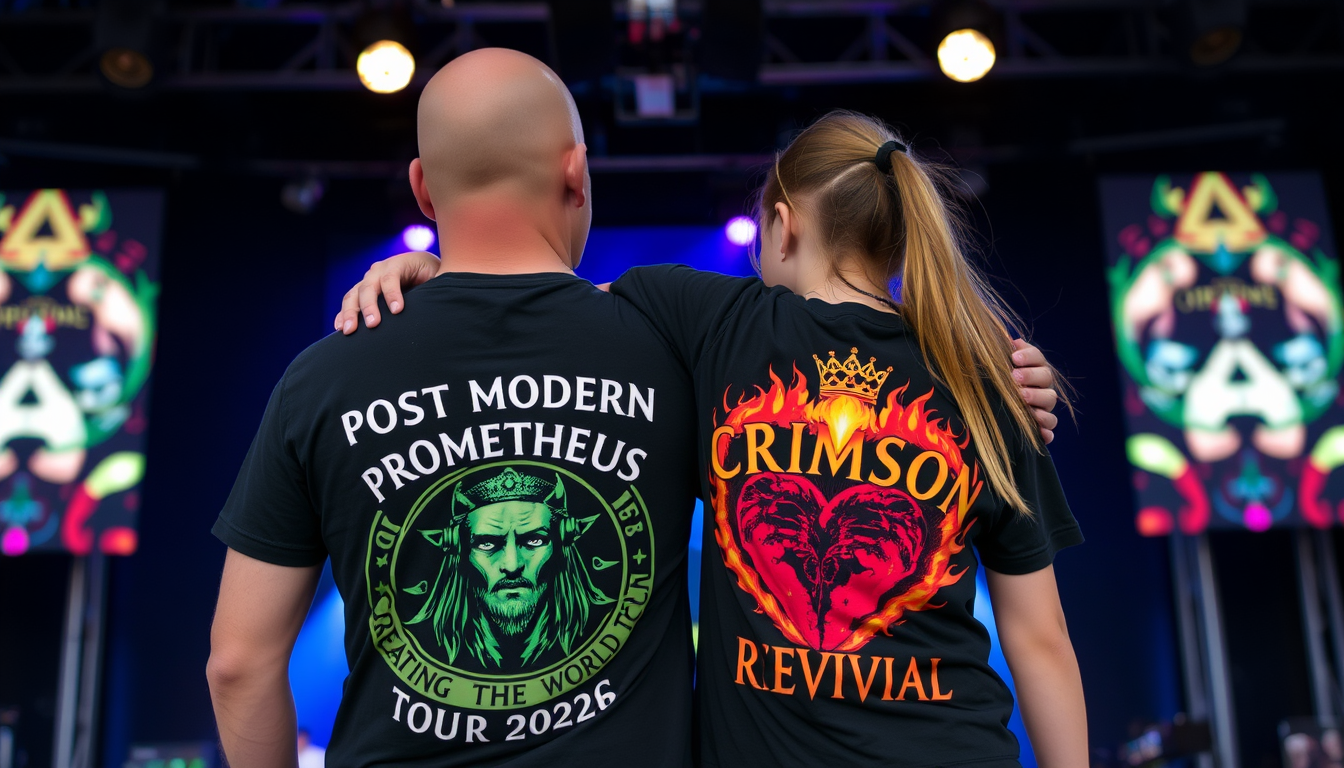 Main art studio: A man with a concert shirt on that has the name POST MODERN PROMETHEUS around a picture of Green Man with the words "CREATING THE WORLD TOUR 2026" on 