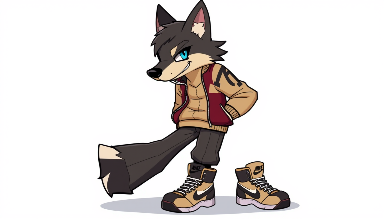 Fursona idea created from the prompt: fursona character, anthropomorphic animal design, expressive personality, reference sheet style, A cartoon wolf furry wearing a beige and bl
