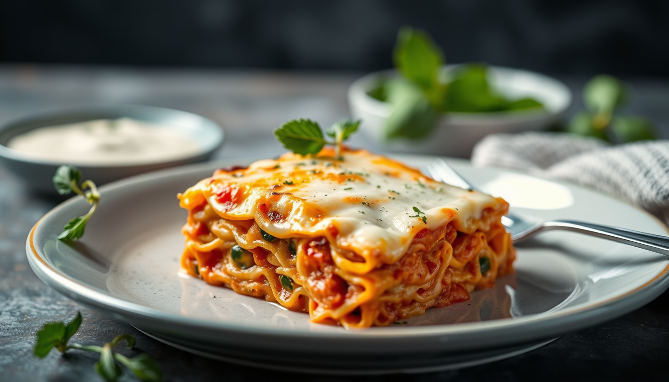 Food idea: fictional food image, appetizing but plausible texture, intentional plating and props, cheese lasagna , controlled depth of field, natural food photog