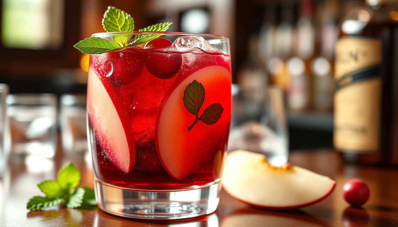 Main art studio: A realistic Irish-American fusion mocktail in an elegant glass, combining American apple and cranberry flavors with traditional Irish elements like gi