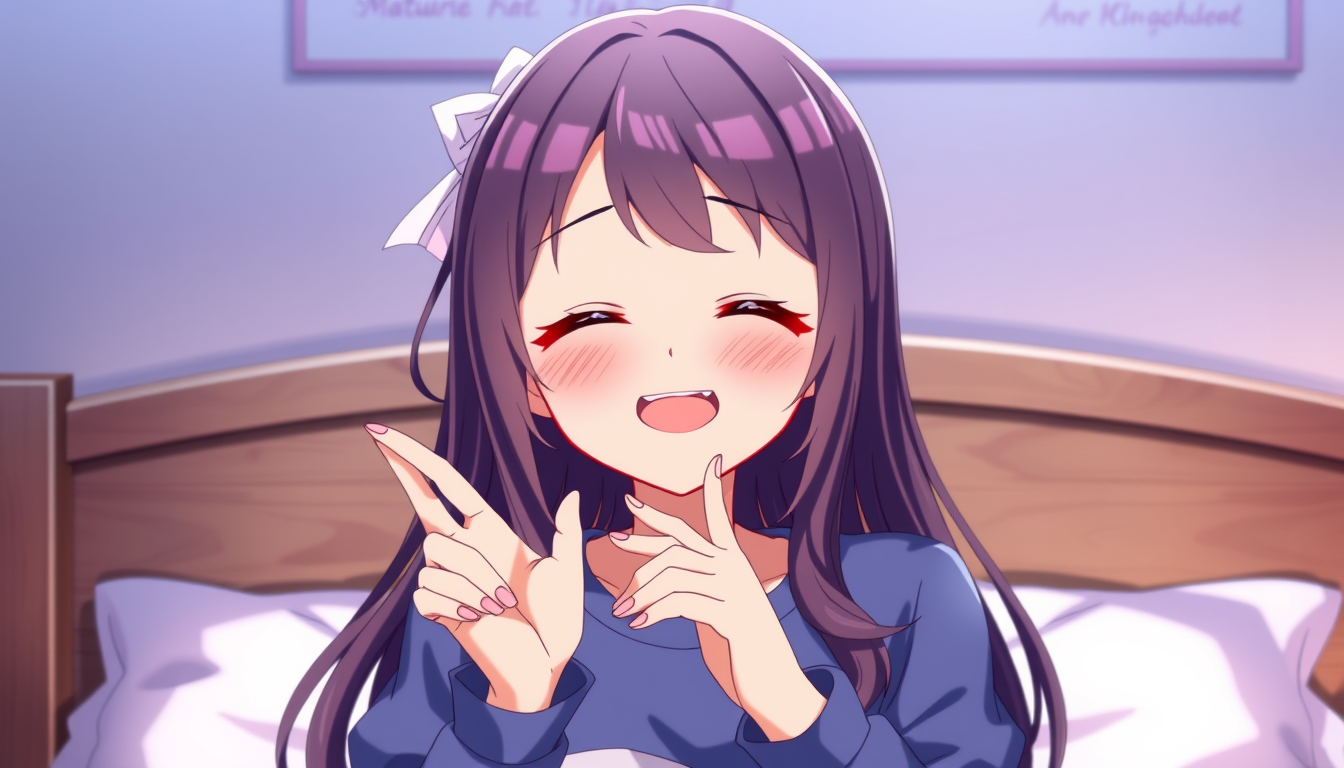 Main art studio: A 18 year old girl smiling so brightly with her eyes closed sitting in her bed her hands doing a pose make a 3D character anime