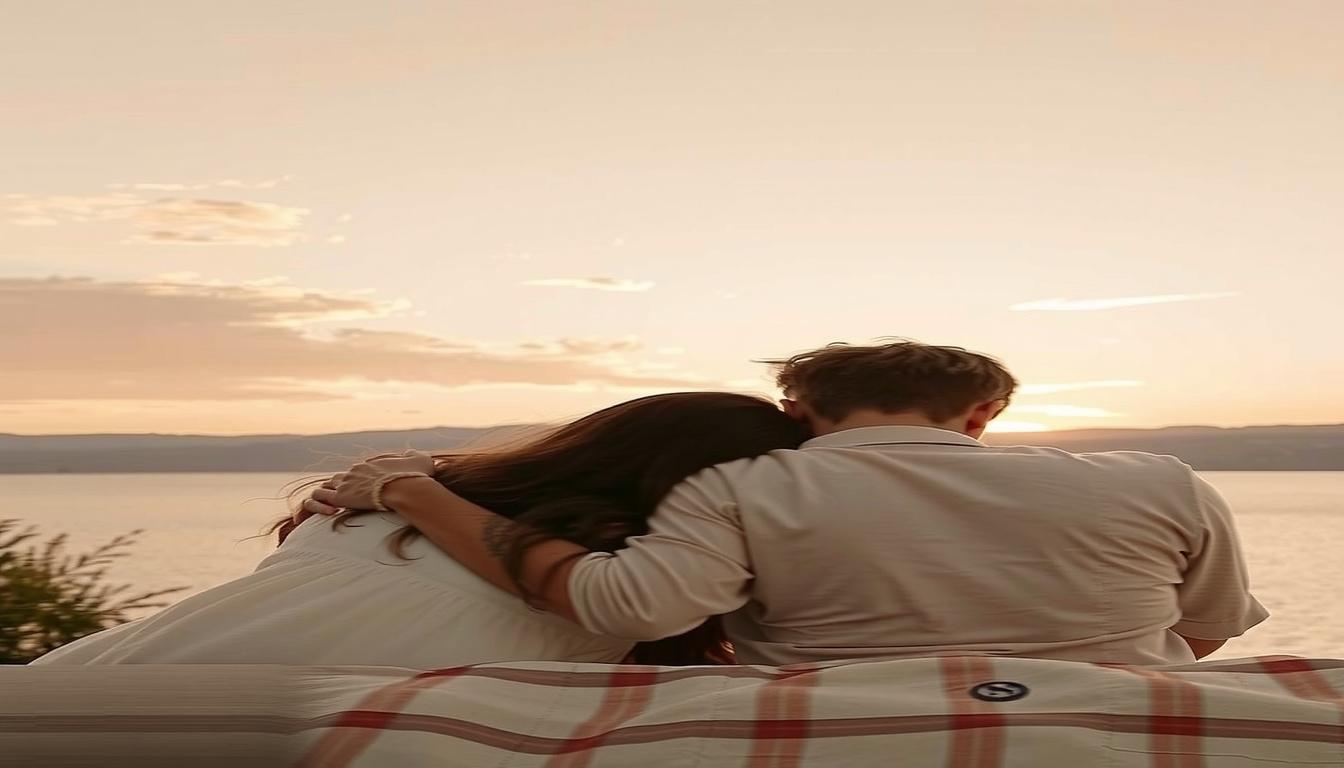 Main art studio: Slow cinematic zoom toward a couple watching the sunset. Soft breeze, subtle head movement, gentle embrace, shimmering lake, warm golden light, dreamy
