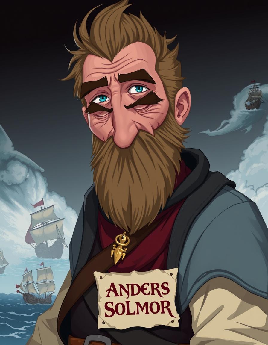 Main art studio: Una humano con vestimentas de noble, con una sonrisa amplia de rasgos marcados. La imagen es de cintura para arriba y quiero que debajo ponga un carte