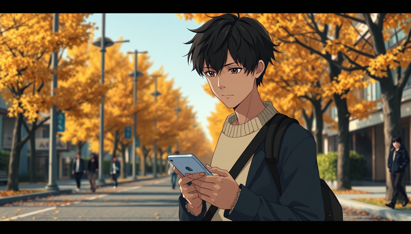 Main art studio: Create Scene 16 of the original cinematic Japanese anime romance movie October Theory. One year after graduation, in October, Haruki Tanaka is now 18 