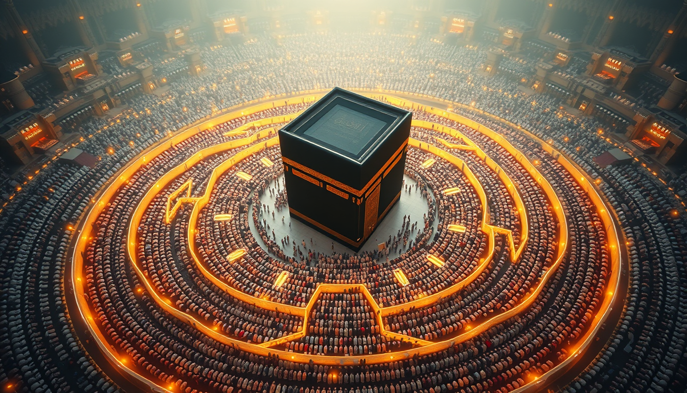 Main art studio: Prompt: A breathtaking, surreal, and deeply spiritual conceptual masterpiece. From a high aerial perspective, the sacred Kaaba in Mecca is shown at th