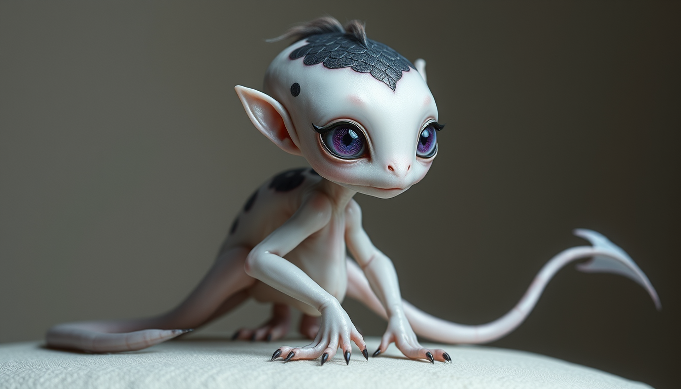 AI Art prompt example created from the prompt: APPEARANCE: Pale, iridescent skin with patches of soft dark scales on her shoulders and hips. Hair like liquid shadow, moving slightly as if