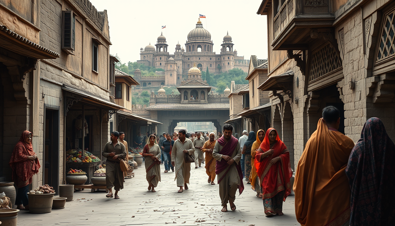 Main art studio: Historically inspired reconstruction of everyday life in 16th century Bhangarh, merchants trading goods, families walking through a lively sandstone s