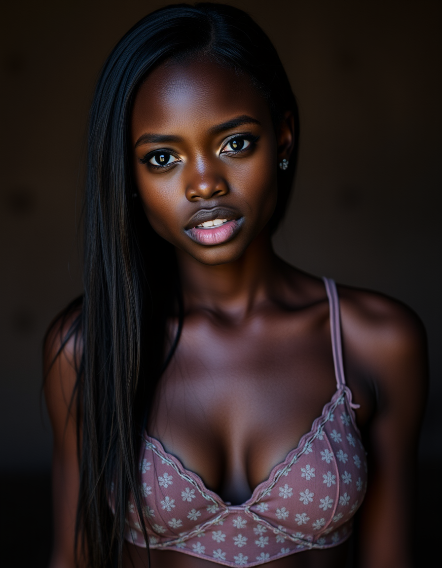 Main art studio: ebony teenager girl, skinny, straight hair, bra top, portrait