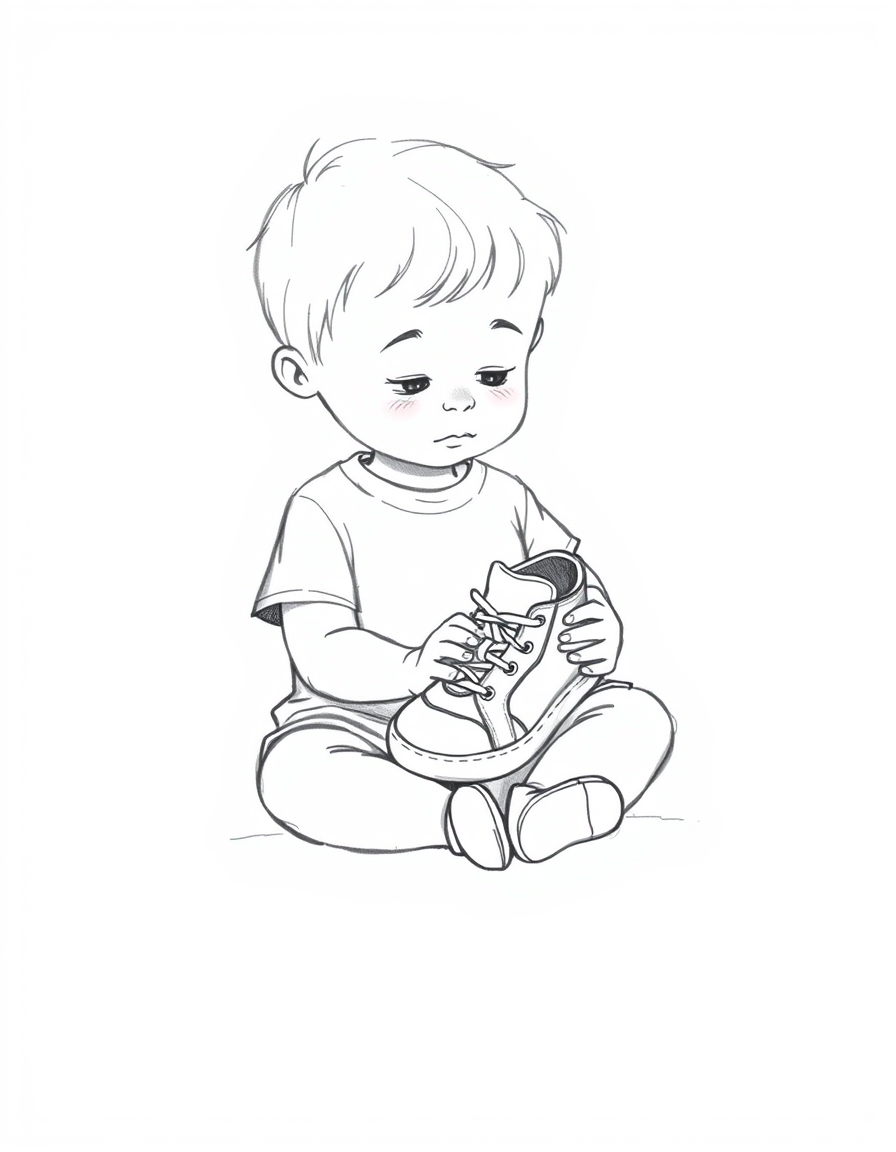 Main art studio: Simple black and white pencil sketch of a cute little boy sitting on the floor, holding one sneaker in his hands. The sneaker is clearly visible with