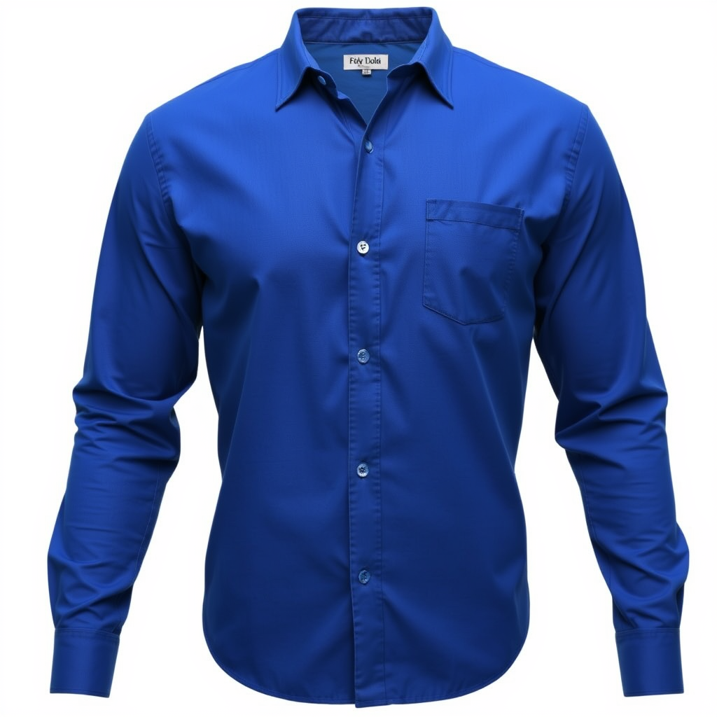 Main art studio: Premium men's royal blue full-sleeve casual button-up shirt, classic collar, visible buttons, front view, shirt only, no t-shirt, no person, no manneq